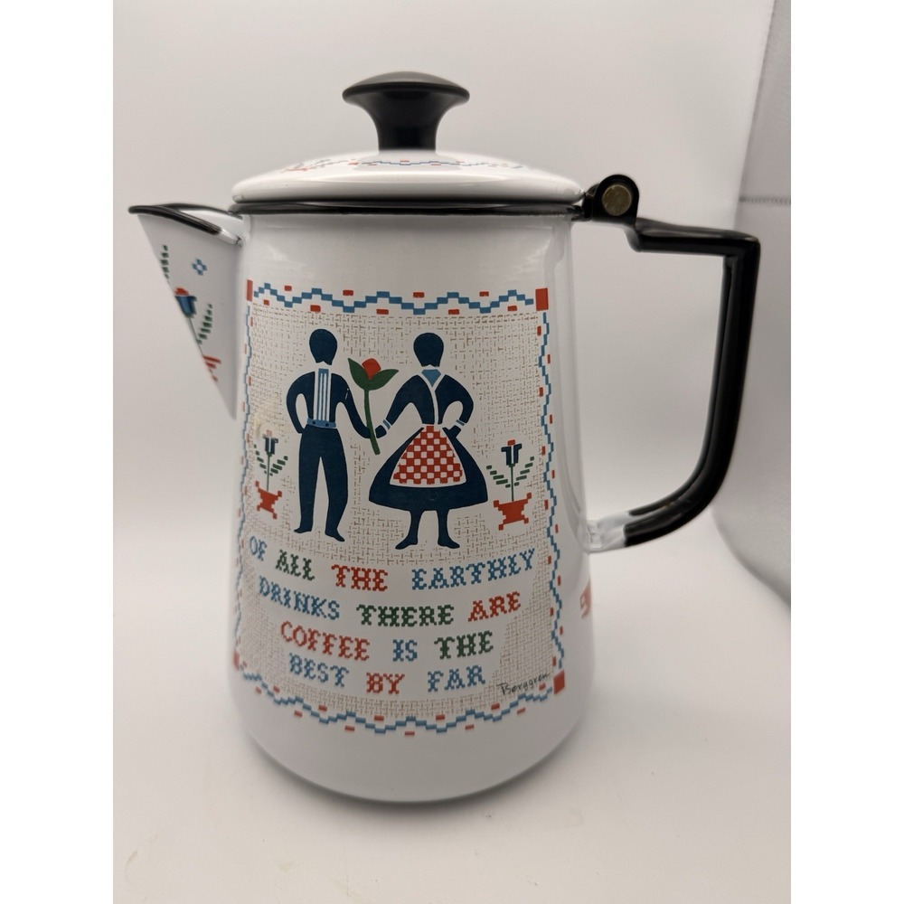 Vintage 9" Enamel Coffee Hot Water Pot, Berggren Hinged, Swedish D13